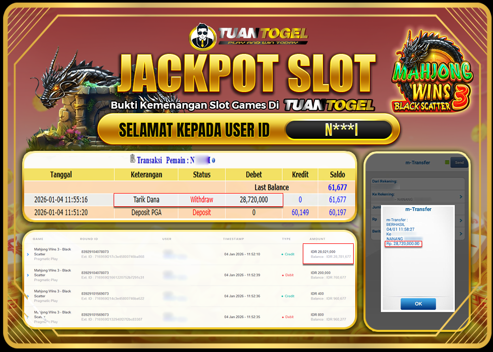 TUANTOGEL JACKPOT SLOT MAHJONG WINS 3 -BLACK SCATTER Rp28.720.000,- LUNAS